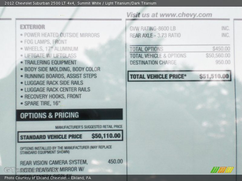  2012 Suburban 2500 LT 4x4 Window Sticker