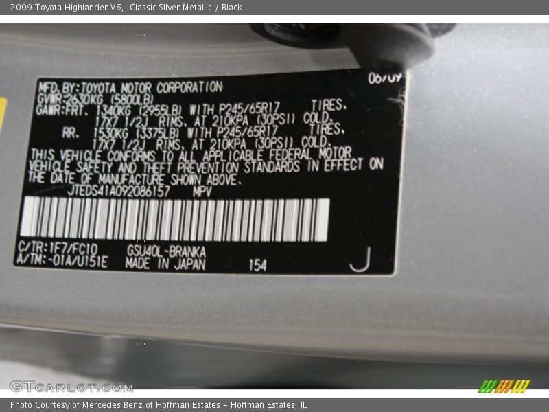 2009 Highlander V6 Classic Silver Metallic Color Code 1F7