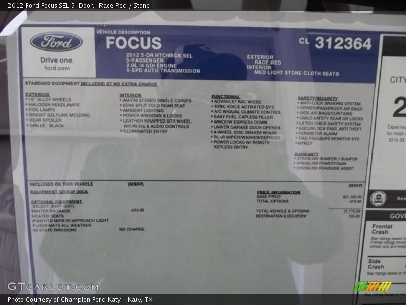  2012 Focus SEL 5-Door Window Sticker