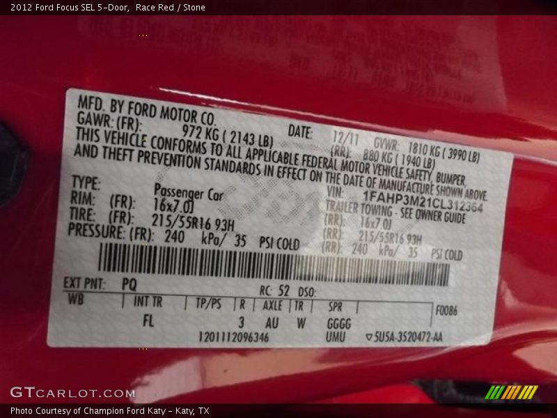 2012 Focus SEL 5-Door Race Red Color Code PQ