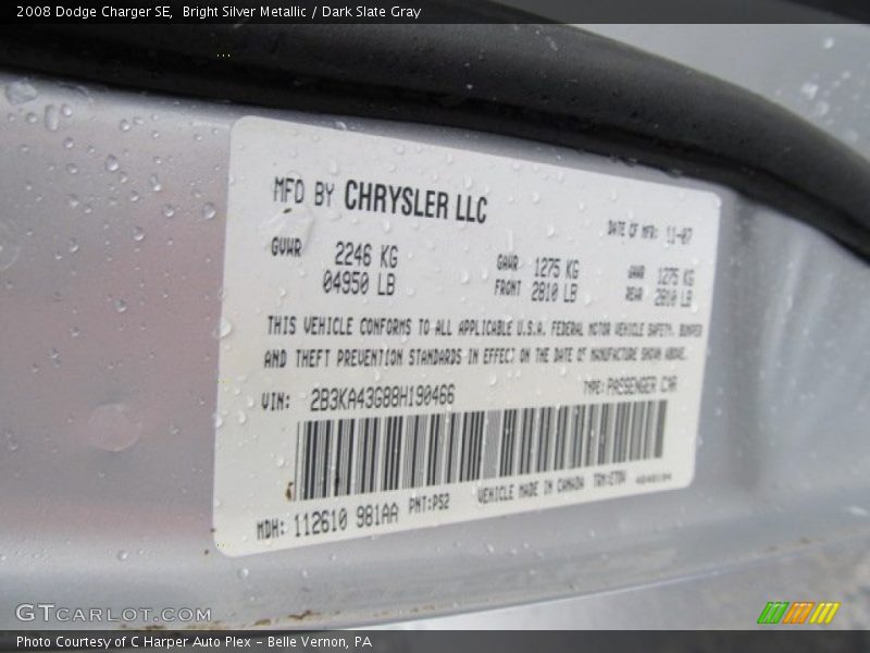 Bright Silver Metallic / Dark Slate Gray 2008 Dodge Charger SE