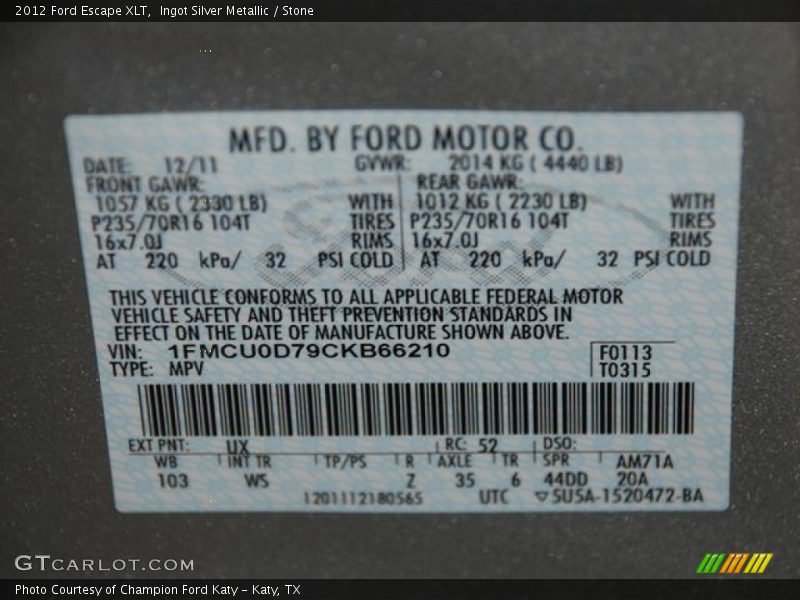 Ingot Silver Metallic / Stone 2012 Ford Escape XLT