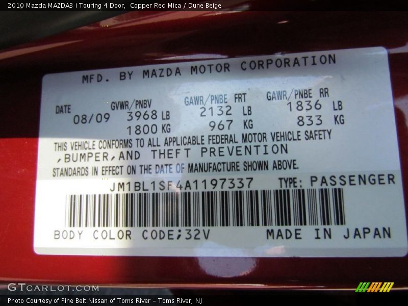 2010 MAZDA3 i Touring 4 Door Copper Red Mica Color Code 32V