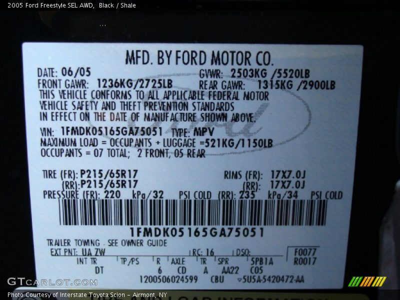 2005 Freestyle SEL AWD Black Color Code UA
