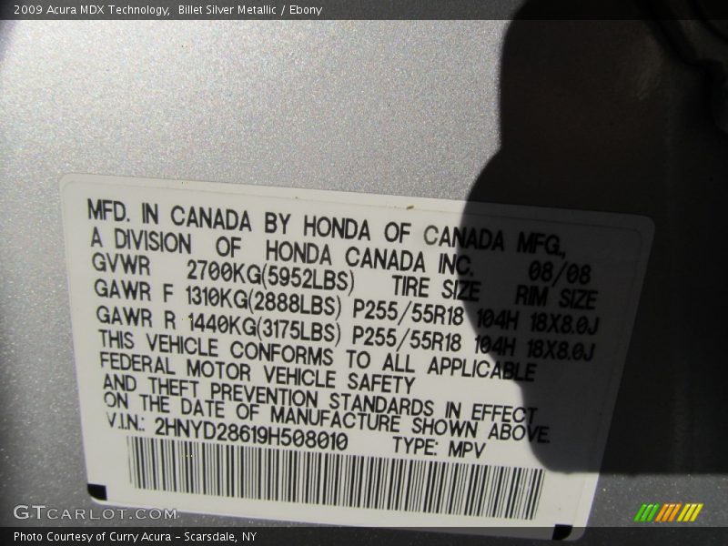 Billet Silver Metallic / Ebony 2009 Acura MDX Technology