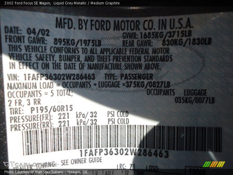 2002 Focus SE Wagon Liquid Grey Metallic Color Code CX