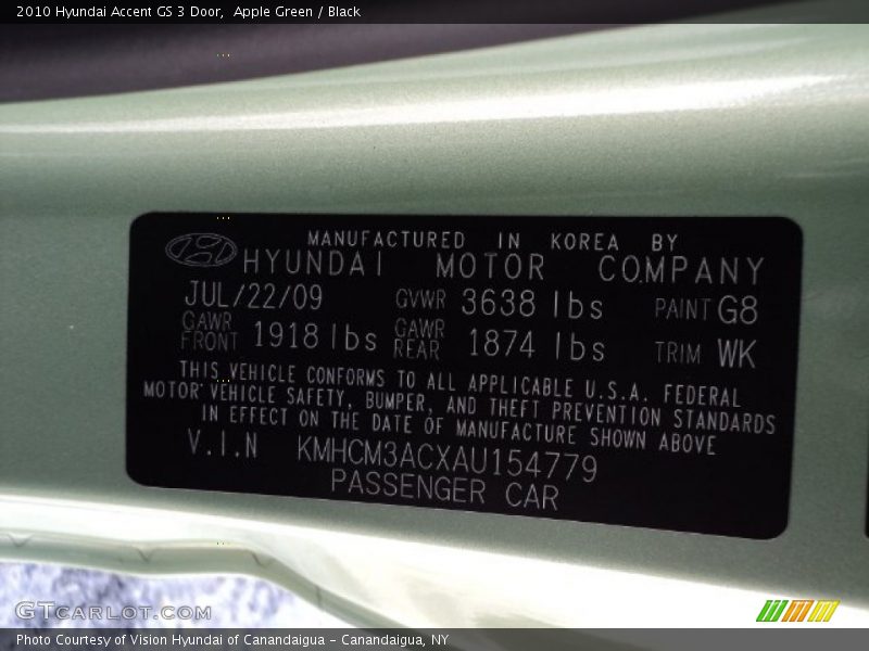 Apple Green / Black 2010 Hyundai Accent GS 3 Door