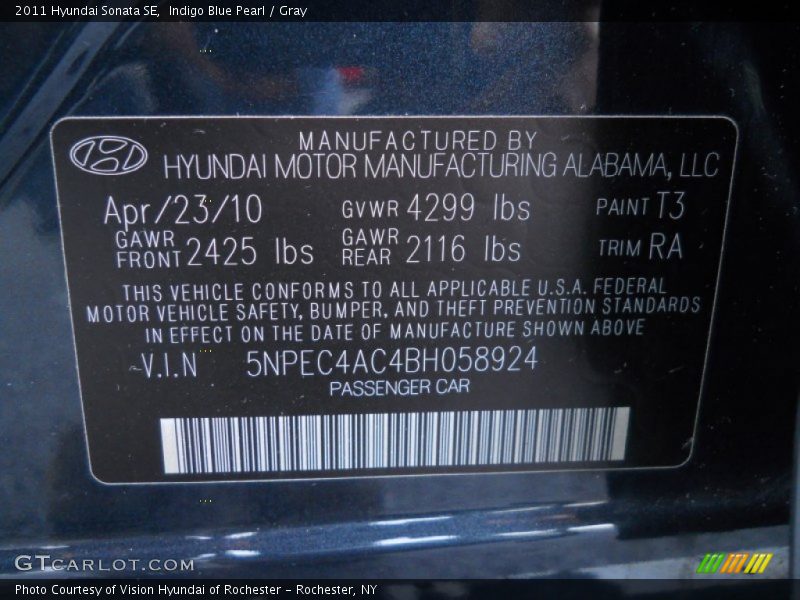 Indigo Blue Pearl / Gray 2011 Hyundai Sonata SE