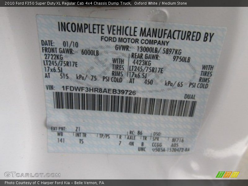 2010 F350 Super Duty XL Regular Cab 4x4 Chassis Dump Truck Oxford White Color Code Z1