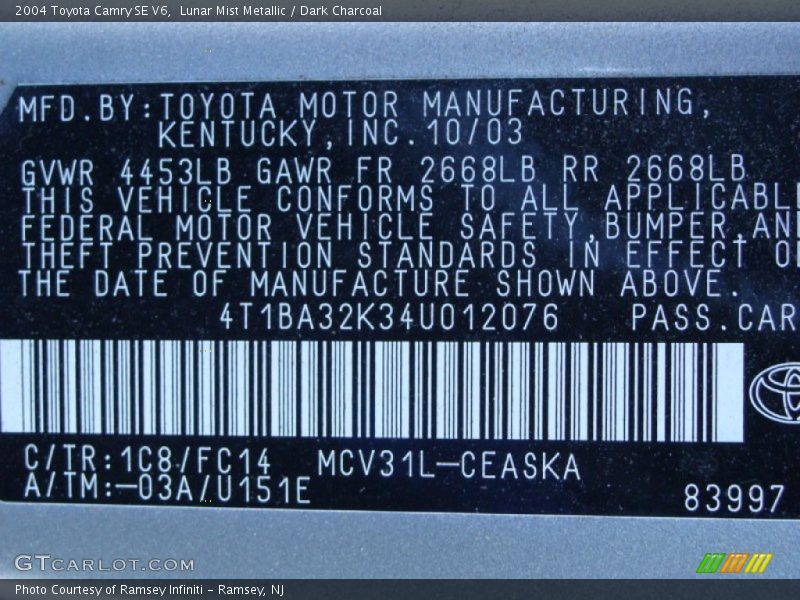 Lunar Mist Metallic / Dark Charcoal 2004 Toyota Camry SE V6