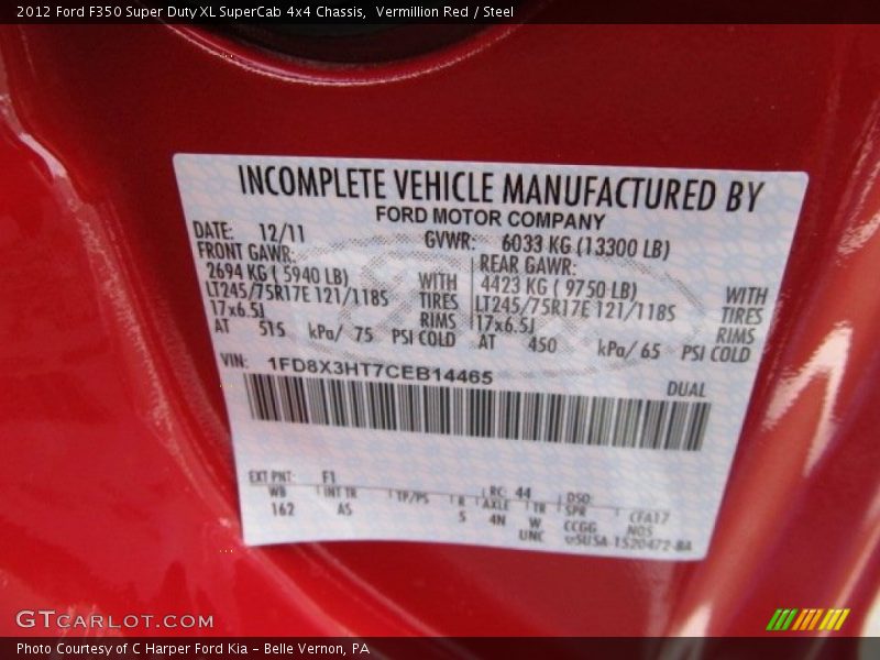 2012 F350 Super Duty XL SuperCab 4x4 Chassis Vermillion Red Color Code F1