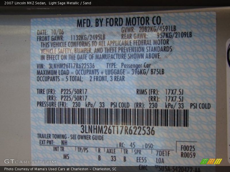 Light Sage Metallic / Sand 2007 Lincoln MKZ Sedan