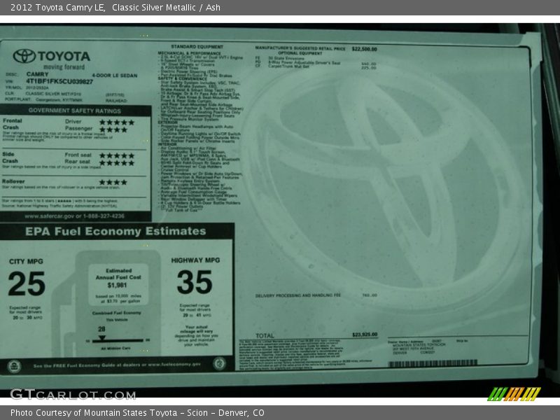 Classic Silver Metallic / Ash 2012 Toyota Camry LE