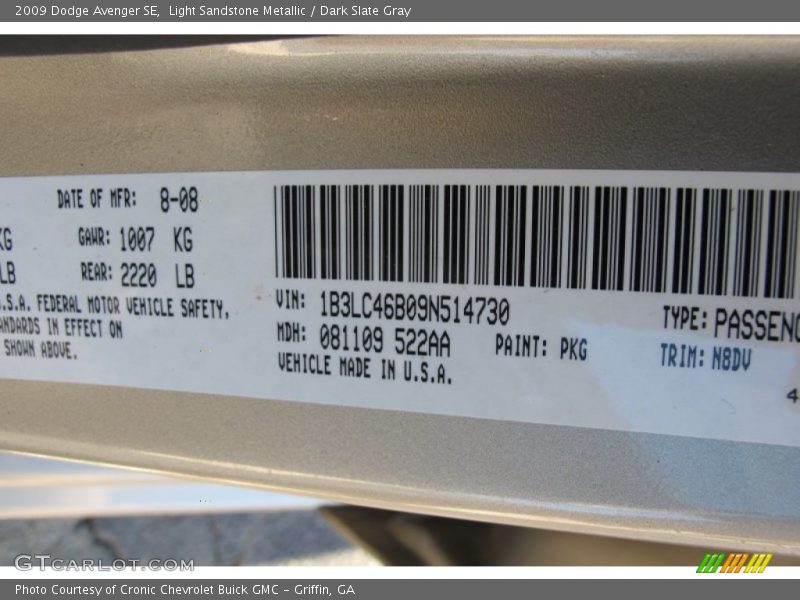 Light Sandstone Metallic / Dark Slate Gray 2009 Dodge Avenger SE