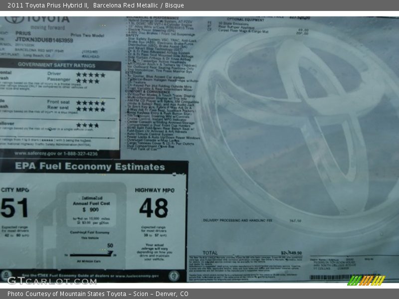  2011 Prius Hybrid II Window Sticker