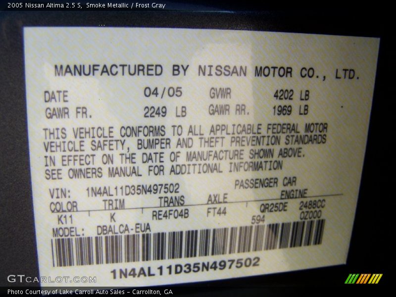 Smoke Metallic / Frost Gray 2005 Nissan Altima 2.5 S