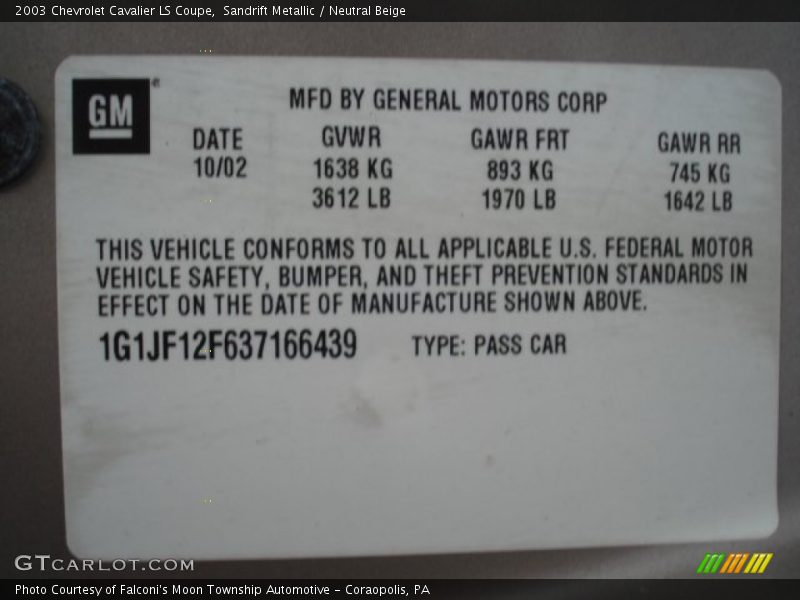 Sandrift Metallic / Neutral Beige 2003 Chevrolet Cavalier LS Coupe