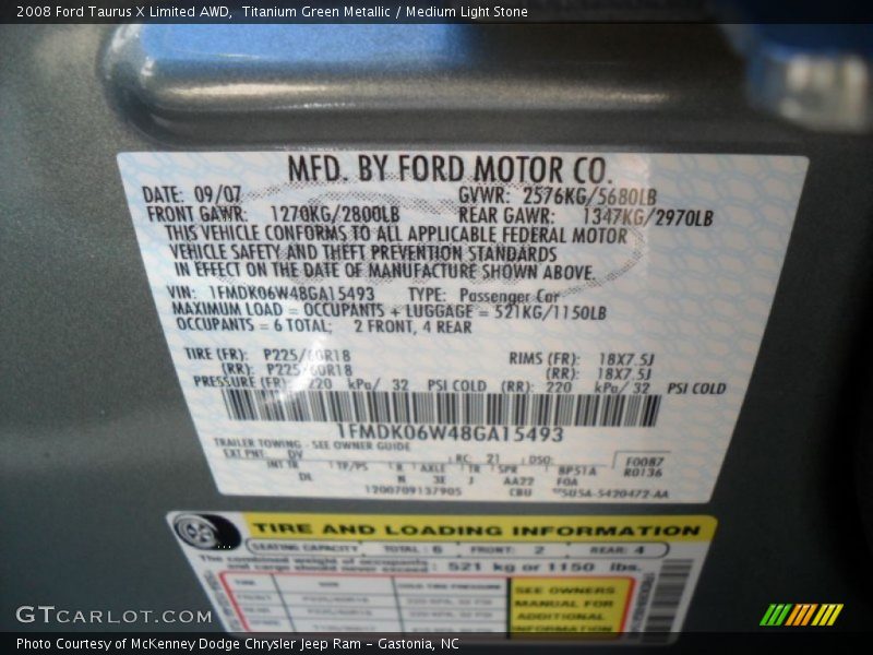 2008 Taurus X Limited AWD Titanium Green Metallic Color Code DV
