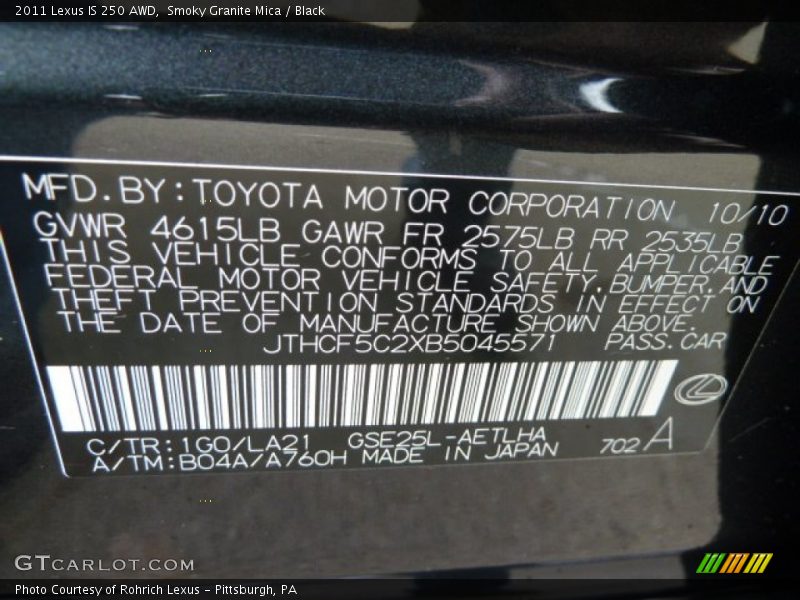 Smoky Granite Mica / Black 2011 Lexus IS 250 AWD