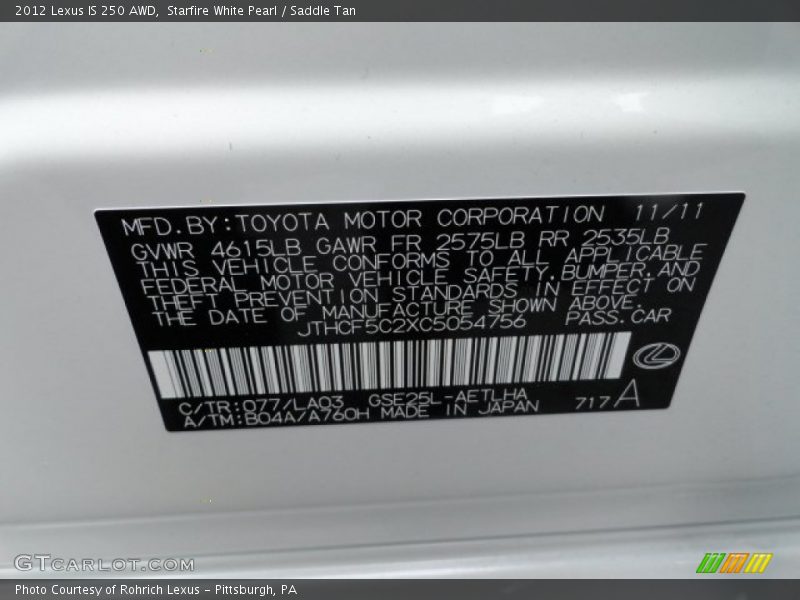 Starfire White Pearl / Saddle Tan 2012 Lexus IS 250 AWD