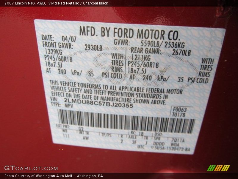 Vivid Red Metallic / Charcoal Black 2007 Lincoln MKX AWD
