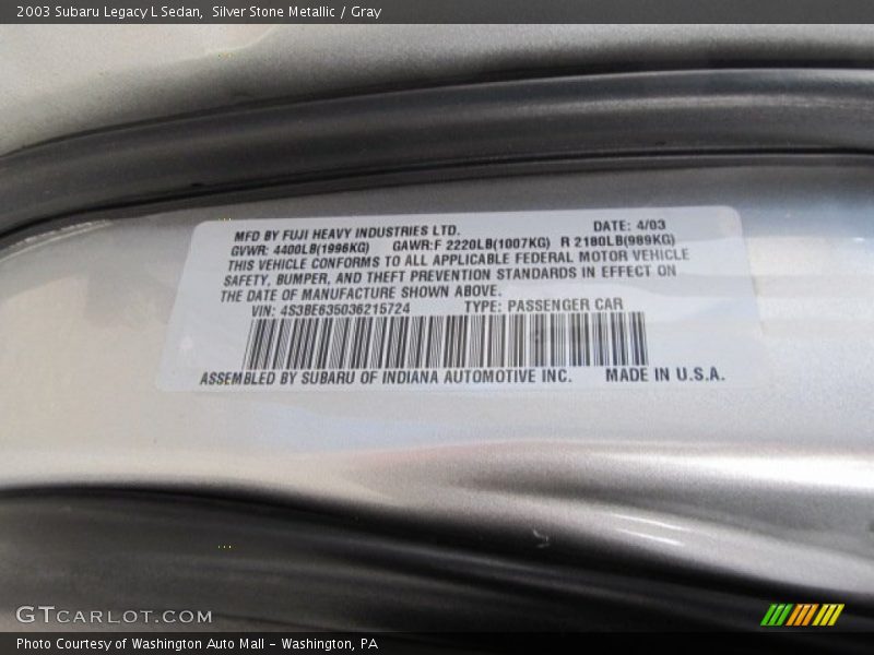 Silver Stone Metallic / Gray 2003 Subaru Legacy L Sedan