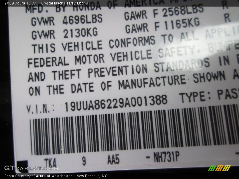 Crystal Black Pearl / Ebony 2009 Acura TL 3.5