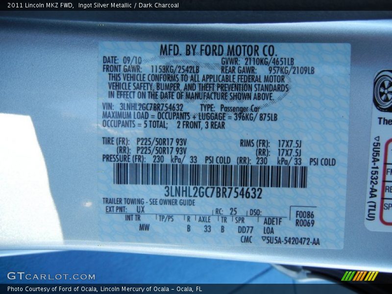Ingot Silver Metallic / Dark Charcoal 2011 Lincoln MKZ FWD