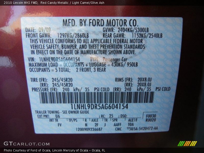 Red Candy Metallic / Light Camel/Olive Ash 2010 Lincoln MKS FWD