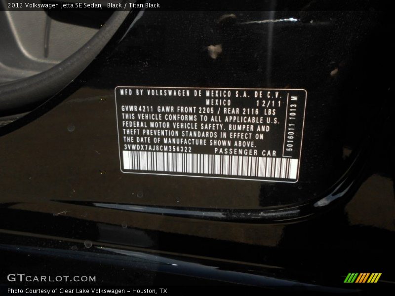 Black / Titan Black 2012 Volkswagen Jetta SE Sedan