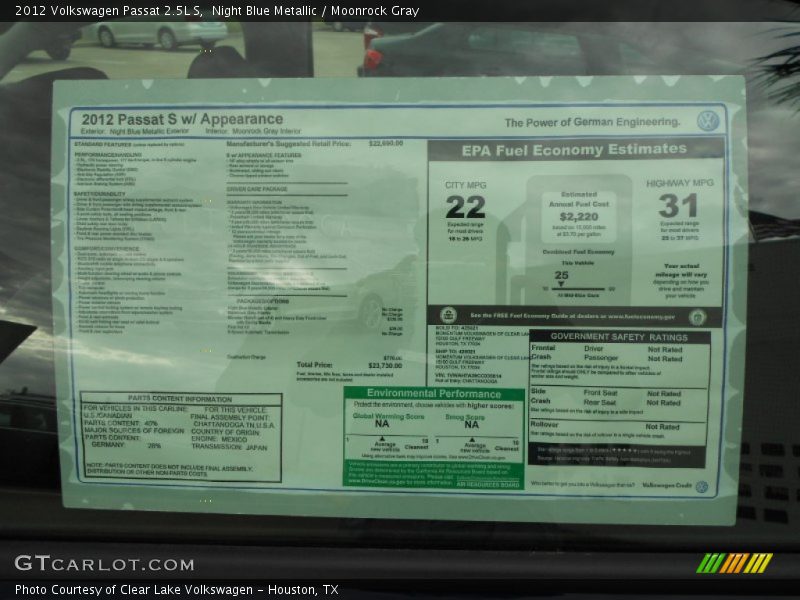 Night Blue Metallic / Moonrock Gray 2012 Volkswagen Passat 2.5L S