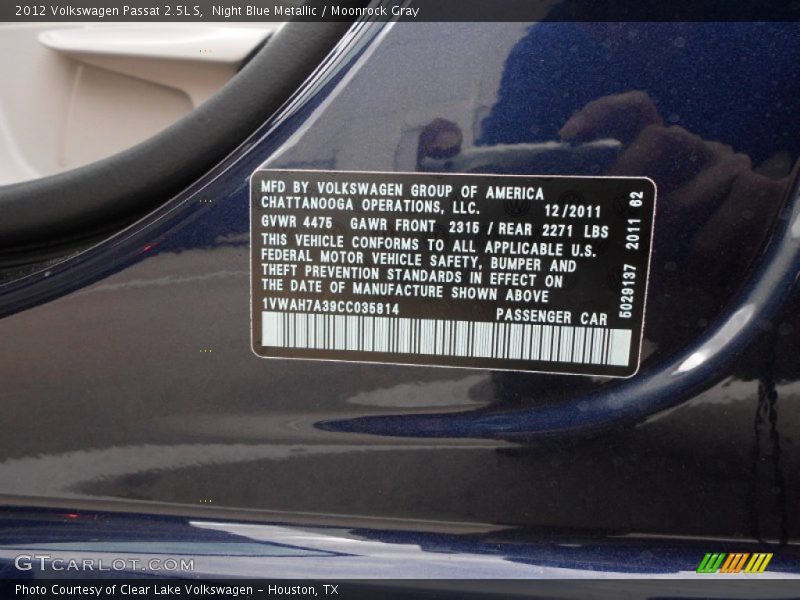 Night Blue Metallic / Moonrock Gray 2012 Volkswagen Passat 2.5L S