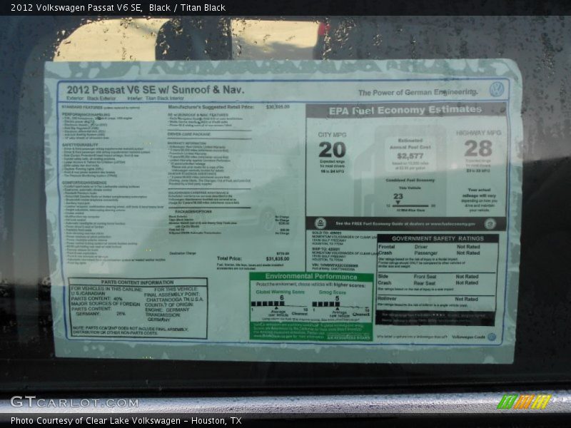 2012 Passat V6 SE Window Sticker