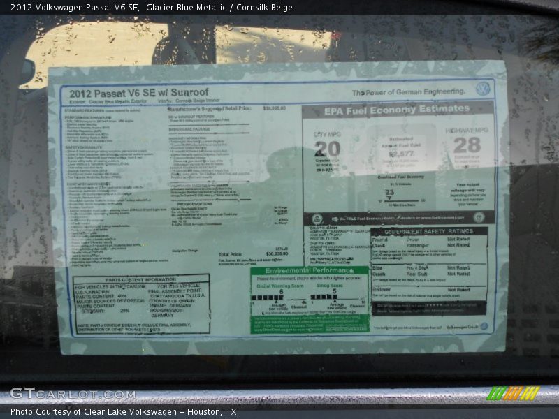  2012 Passat V6 SE Window Sticker