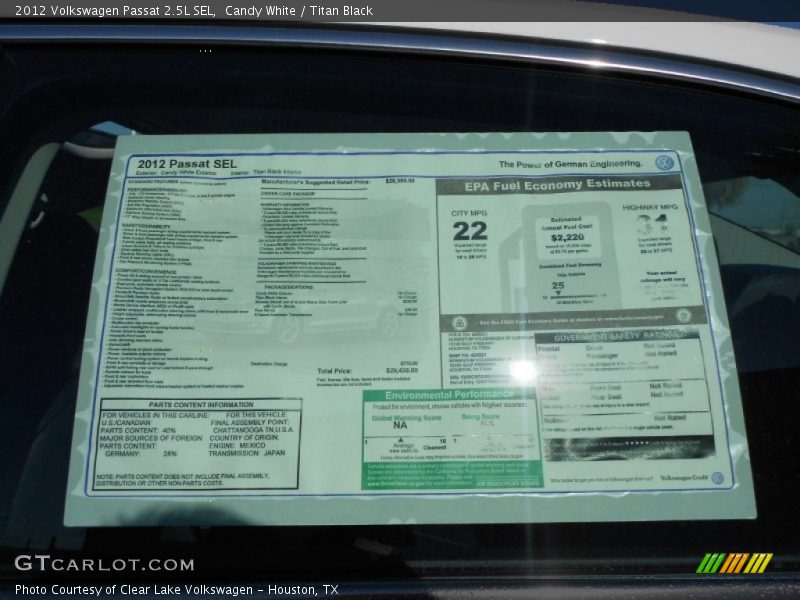  2012 Passat 2.5L SEL Window Sticker