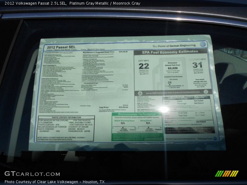  2012 Passat 2.5L SEL Window Sticker