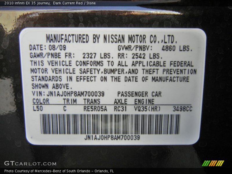 2010 EX 35 Journey Dark Current Red Color Code L50