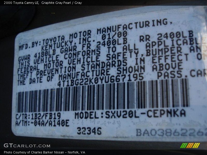Graphite Gray Pearl / Gray 2000 Toyota Camry LE