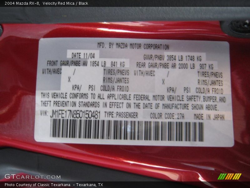 2004 RX-8  Velocity Red Mica Color Code 27A