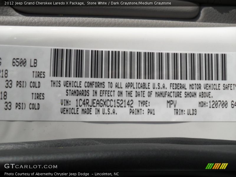 Stone White / Dark Graystone/Medium Graystone 2012 Jeep Grand Cherokee Laredo X Package
