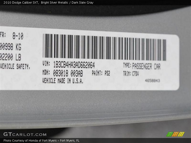 Bright Silver Metallic / Dark Slate Gray 2010 Dodge Caliber SXT