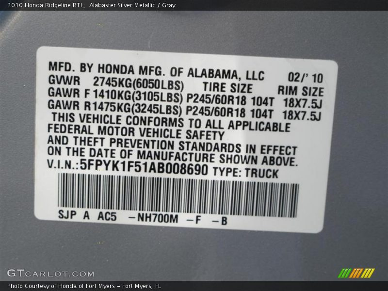 Alabaster Silver Metallic / Gray 2010 Honda Ridgeline RTL