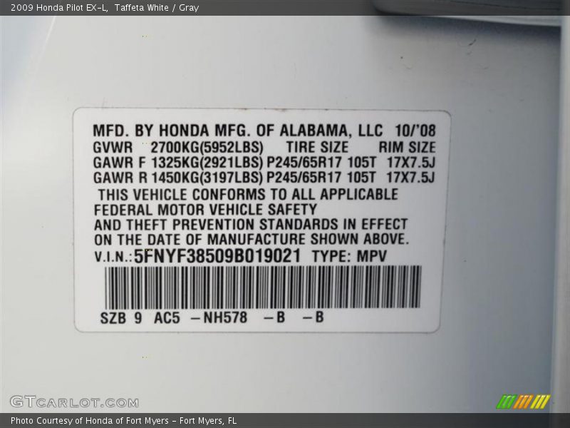 Taffeta White / Gray 2009 Honda Pilot EX-L