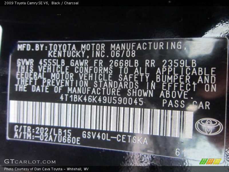 2009 Camry SE V6 Black Color Code 202