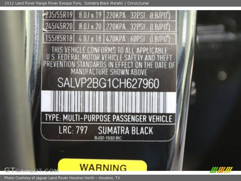 Sumatra Black Metallic / Cirrus/Lunar 2012 Land Rover Range Rover Evoque Pure