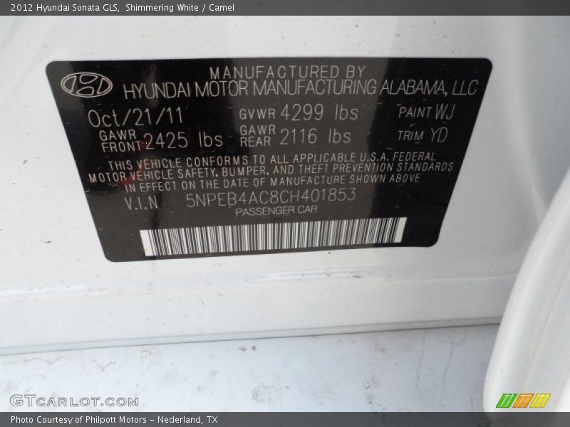 Shimmering White / Camel 2012 Hyundai Sonata GLS