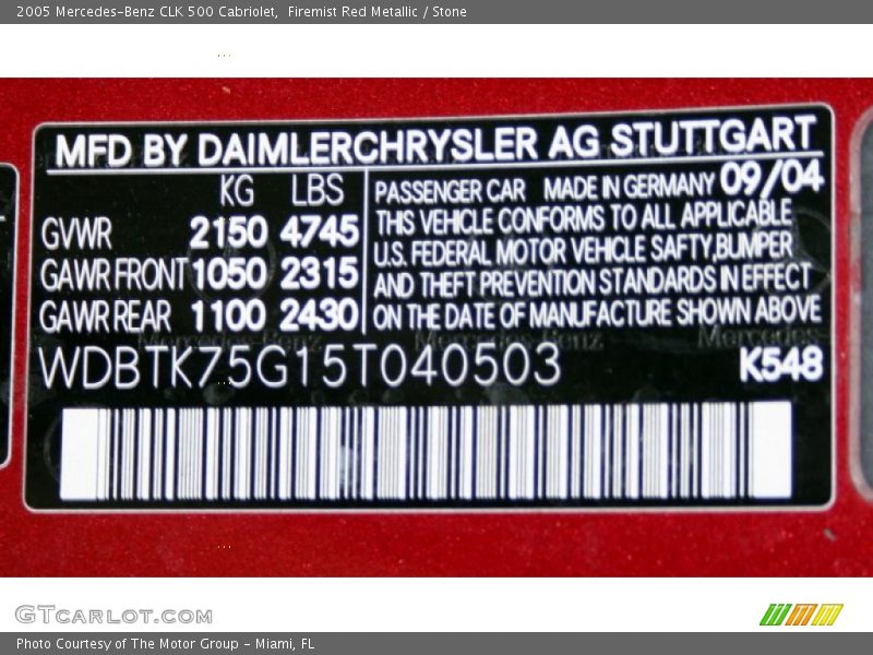 2005 CLK 500 Cabriolet Firemist Red Metallic Color Code 548