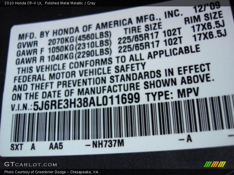 Polished Metal Metallic / Gray 2010 Honda CR-V LX