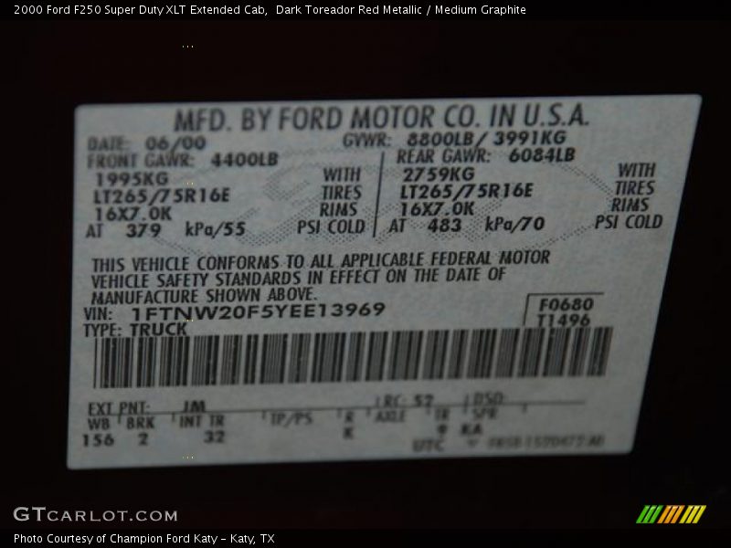 2000 F250 Super Duty XLT Extended Cab Dark Toreador Red Metallic Color Code JM