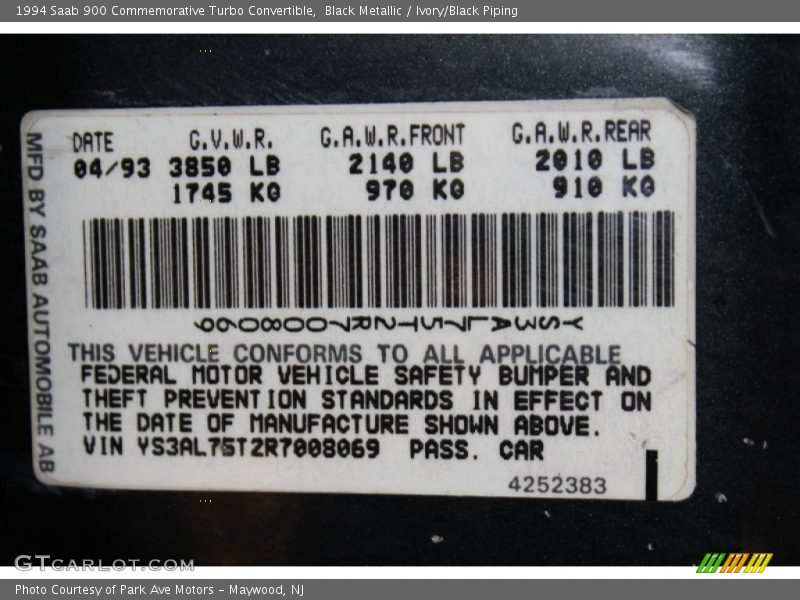 Black Metallic / Ivory/Black Piping 1994 Saab 900 Commemorative Turbo Convertible